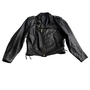 VTG Classic Moto Biker No Liner Side Lace Heavy Black Leather Jacket sz 38 Small
